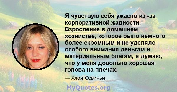 Я чувствую себя ужасно из -за корпоративной жадности. Взросление в домашнем хозяйстве, которое было немного более скромным и не уделяло особого внимания деньгам и материальным благам, я думаю, что у меня довольно