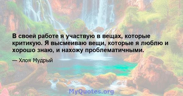 В своей работе я участвую в вещах, которые критикую. Я высмеиваю вещи, которые я люблю и хорошо знаю, и нахожу проблематичными.