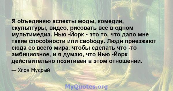 Я объединяю аспекты моды, комедии, скульптуры, видео, рисовать все в одном мультимедиа. Нью -Йорк - это то, что дало мне такие способности или свободу. Люди приезжают сюда со всего мира, чтобы сделать что -то