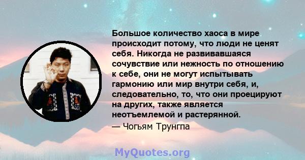 Большое количество хаоса в мире происходит потому, что люди не ценят себя. Никогда не развивавшаяся сочувствие или нежность по отношению к себе, они не могут испытывать гармонию или мир внутри себя, и, следовательно,