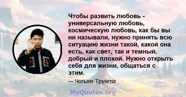 Чтобы развить любовь - универсальную любовь, космическую любовь, как бы вы ни называли, нужно принять всю ситуацию жизни такой, какой она есть, как свет, так и темный, добрый и плохой. Нужно открыть себя для жизни,