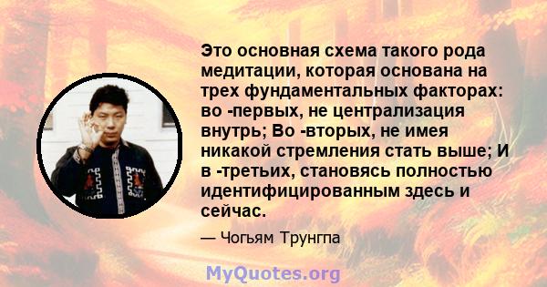 Это основная схема такого рода медитации, которая основана на трех фундаментальных факторах: во -первых, не централизация внутрь; Во -вторых, не имея никакой стремления стать выше; И в -третьих, становясь полностью