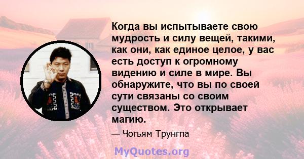 Когда вы испытываете свою мудрость и силу вещей, такими, как они, как единое целое, у вас есть доступ к огромному видению и силе в мире. Вы обнаружите, что вы по своей сути связаны со своим существом. Это открывает