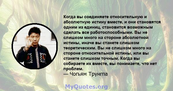 Когда вы соединяете относительную и абсолютную истину вместе, и они становятся одним из единиц, становится возможным сделать все работоспособными. Вы не слишком много на стороне абсолютной истины, иначе вы станете