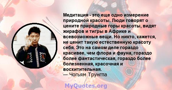 Медитация - это еще одно измерение природной красоты. Люди говорят о цените природные горы красоты, видят жирафов и тигры в Африке и всевозможные вещи. Но никто, кажется, не ценит такую ​​естественную красоту себя. Это