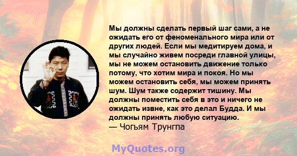 Мы должны сделать первый шаг сами, а не ожидать его от феноменального мира или от других людей. Если мы медитируем дома, и мы случайно живем посреди главной улицы, мы не можем остановить движение только потому, что