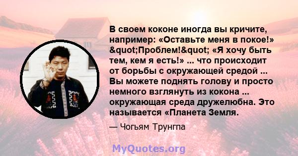 В своем коконе иногда вы кричите, например: «Оставьте меня в покое!» "Проблем!" «Я хочу быть тем, кем я есть!» ... что происходит от борьбы с окружающей средой ... Вы можете поднять голову и просто немного