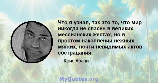 Что я узнал, так это то, что мир никогда не спасен в великих мессианских жестах, но в простом накоплении нежных, мягких, почти невидимых актов сострадания.