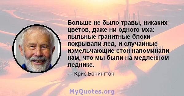 Больше не было травы, никаких цветов, даже ни одного мха: пыльные гранитные блоки покрывали лед, и случайные измельчающие стон напоминали нам, что мы были на медленном леднике.