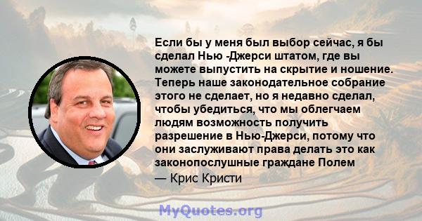 Если бы у меня был выбор сейчас, я бы сделал Нью -Джерси штатом, где вы можете выпустить на скрытие и ношение. Теперь наше законодательное собрание этого не сделает, но я недавно сделал, чтобы убедиться, что мы