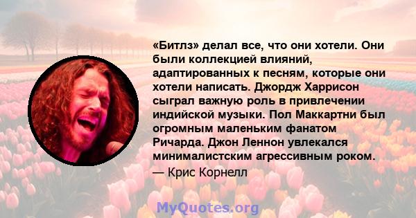 «Битлз» делал все, что они хотели. Они были коллекцией влияний, адаптированных к песням, которые они хотели написать. Джордж Харрисон сыграл важную роль в привлечении индийской музыки. Пол Маккартни был огромным