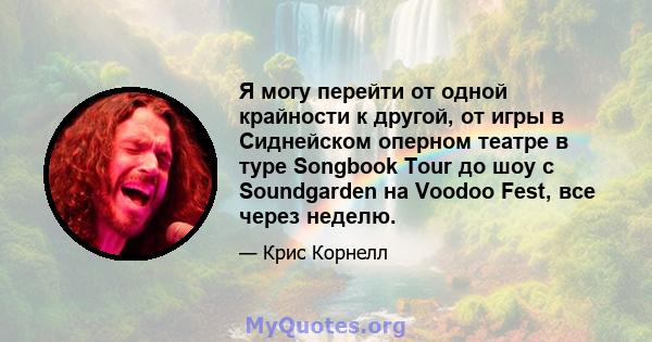 Я могу перейти от одной крайности к другой, от игры в Сиднейском оперном театре в туре Songbook Tour до шоу с Soundgarden на Voodoo Fest, все через неделю.