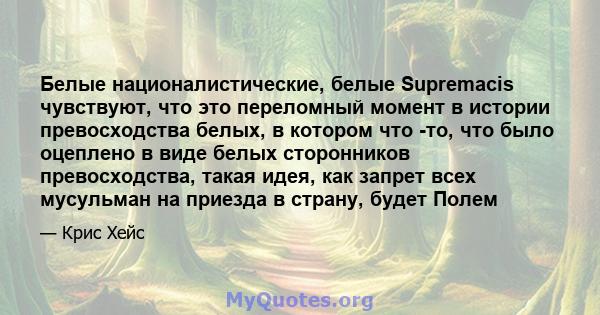 Белые националистические, белые Supremacis чувствуют, что это переломный момент в истории превосходства белых, в котором что -то, что было оцеплено в виде белых сторонников превосходства, такая идея, как запрет всех