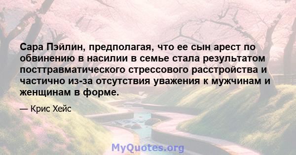 Сара Пэйлин, предполагая, что ее сын арест по обвинению в насилии в семье стала результатом посттравматического стрессового расстройства и частично из-за отсутствия уважения к мужчинам и женщинам в форме.