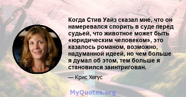 Когда Стив Уайз сказал мне, что он намеревался спорить в суде перед судьей, что животное может быть «юридическим человеком», это казалось романом, возможно, надуманной идеей, но чем больше я думал об этом, тем больше я