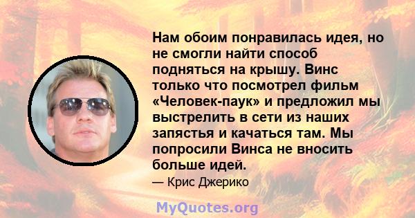 Нам обоим понравилась идея, но не смогли найти способ подняться на крышу. Винс только что посмотрел фильм «Человек-паук» и предложил мы выстрелить в сети из наших запястья и качаться там. Мы попросили Винса не вносить