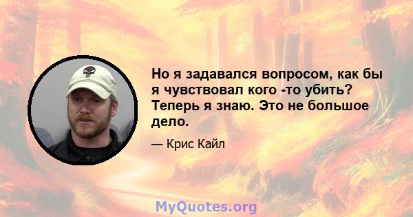 Но я задавался вопросом, как бы я чувствовал кого -то убить? Теперь я знаю. Это не большое дело.