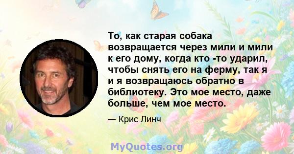 То, как старая собака возвращается через мили и мили к его дому, когда кто -то ударил, чтобы снять его на ферму, так я и я возвращаюсь обратно в библиотеку. Это мое место, даже больше, чем мое место.