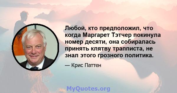 Любой, кто предположил, что когда Маргарет Тэтчер покинула номер десяти, она собиралась принять клятву трапписта, не знал этого грозного политика.