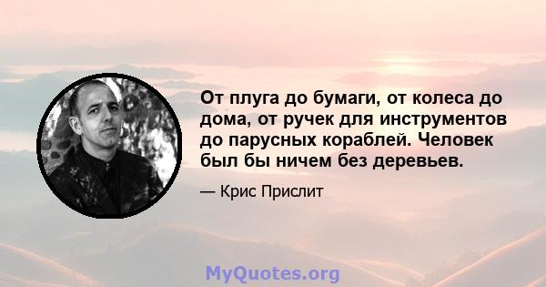 От плуга до бумаги, от колеса до дома, от ручек для инструментов до парусных кораблей. Человек был бы ничем без деревьев.