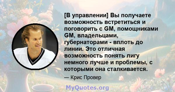 [В управлении] Вы получаете возможность встретиться и поговорить с GM, помощниками GM, владельцами, губернаторами - вплоть до линии. Это отличная возможность понять лигу немного лучше и проблемы, с которыми она