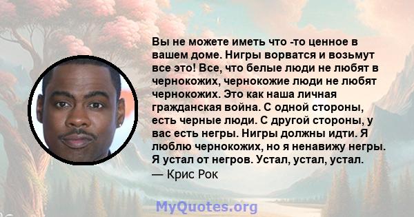 Вы не можете иметь что -то ценное в вашем доме. Нигры ворватся и возьмут все это! Все, что белые люди не любят в чернокожих, чернокожие люди не любят чернокожих. Это как наша личная гражданская война. С одной стороны,