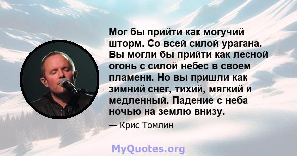 Мог бы прийти как могучий шторм. Со всей силой урагана. Вы могли бы прийти как лесной огонь с силой небес в своем пламени. Но вы пришли как зимний снег, тихий, мягкий и медленный. Падение с неба ночью на землю внизу.