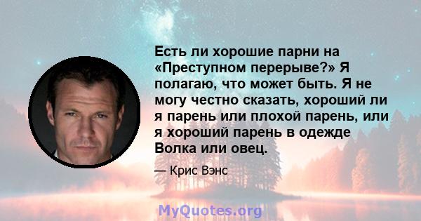 Есть ли хорошие парни на «Преступном перерыве?» Я полагаю, что может быть. Я не могу честно сказать, хороший ли я парень или плохой парень, или я хороший парень в одежде Волка или овец.