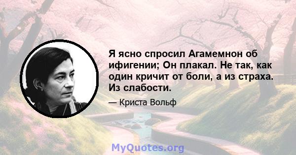 Я ясно спросил Агамемнон об ифигении; Он плакал. Не так, как один кричит от боли, а из страха. Из слабости.