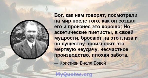 Бог, как нам говорят, посмотрели на мир после того, как он создал его и произнес это хорошо; Но аскетические пиетисты, в своей мудрости, бросают на это глаза и по существу произносят это мертвую неудачу, несчастное