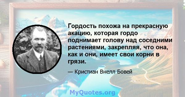 Гордость похожа на прекрасную акацию, которая гордо поднимает голову над соседними растениями, закрепляя, что она, как и они, имеет свои корни в грязи.