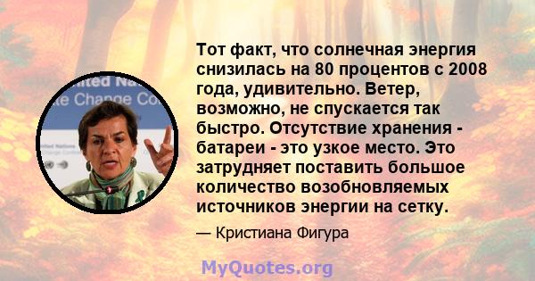 Тот факт, что солнечная энергия снизилась на 80 процентов с 2008 года, удивительно. Ветер, возможно, не спускается так быстро. Отсутствие хранения - батареи - это узкое место. Это затрудняет поставить большое количество 