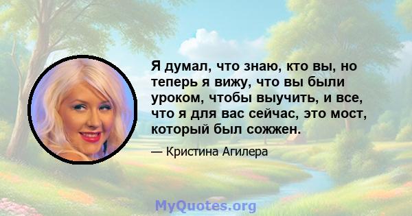 Я думал, что знаю, кто вы, но теперь я вижу, что вы были уроком, чтобы выучить, и все, что я для вас сейчас, это мост, который был сожжен.