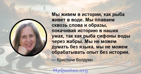 Мы живем в истории, как рыба живет в воде. Мы плаваем сквозь слова и образы, покачивая историю в наших умах, так как рыба сифоны воды через жабры. Мы не можем думать без языка, мы не можем обрабатывать опыт без истории.