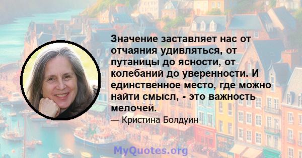 Значение заставляет нас от отчаяния удивляться, от путаницы до ясности, от колебаний до уверенности. И единственное место, где можно найти смысл, - это важность мелочей.