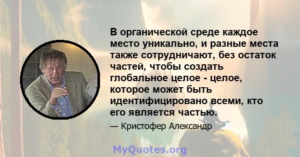 В органической среде каждое место уникально, и разные места также сотрудничают, без остаток частей, чтобы создать глобальное целое - целое, которое может быть идентифицировано всеми, кто его является частью.