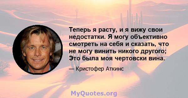 Теперь я расту, и я вижу свои недостатки. Я могу объективно смотреть на себя и сказать, что не могу винить никого другого; Это была моя чертовски вина.