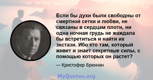 Если бы духи были свободны от смертной сетки и любви, не связаны в сердцам плоти, ни одна ночная грудь не жаждала бы встретиться и найти их экстази. Ибо кто там, который живет и знает секретные силы, с помощью которых