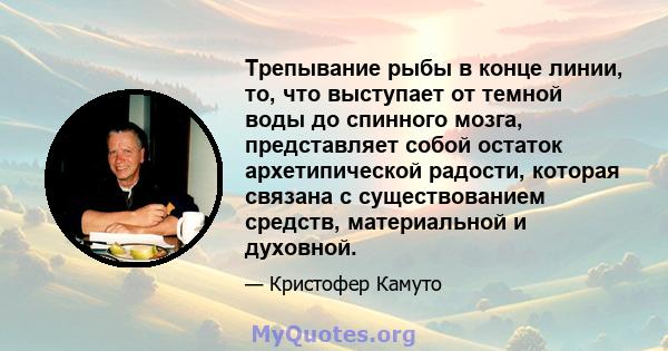 Трепывание рыбы в конце линии, то, что выступает от темной воды до спинного мозга, представляет собой остаток архетипической радости, которая связана с существованием средств, материальной и духовной.