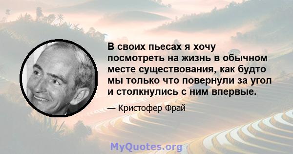 В своих пьесах я хочу посмотреть на жизнь в обычном месте существования, как будто мы только что повернули за угол и столкнулись с ним впервые.