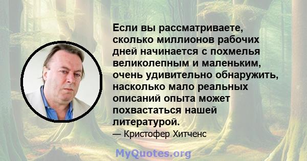 Если вы рассматриваете, сколько миллионов рабочих дней начинается с похмелья великолепным и маленьким, очень удивительно обнаружить, насколько мало реальных описаний опыта может похвастаться нашей литературой.