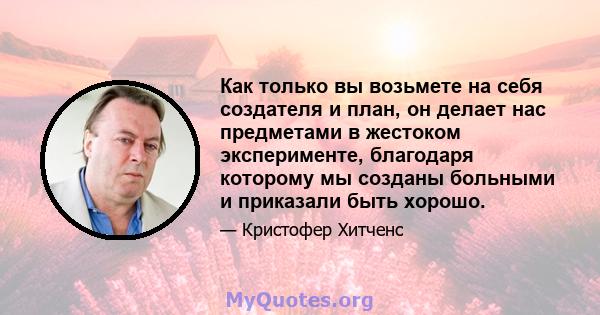 Как только вы возьмете на себя создателя и план, он делает нас предметами в жестоком эксперименте, благодаря которому мы созданы больными и приказали быть хорошо.