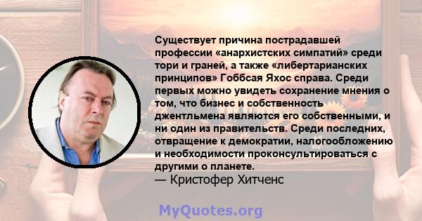 Существует причина пострадавшей профессии «анархистских симпатий» среди тори и граней, а также «либертарианских принципов» Гоббсая Яхос справа. Среди первых можно увидеть сохранение мнения о том, что бизнес и