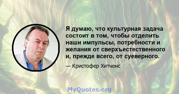 Я думаю, что культурная задача состоит в том, чтобы отделить наши импульсы, потребности и желания от сверхъестественного и, прежде всего, от суеверного.