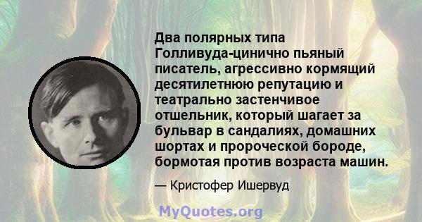 Два полярных типа Голливуда-цинично пьяный писатель, агрессивно кормящий десятилетнюю репутацию и театрально застенчивое отшельник, который шагает за бульвар в сандалиях, домашних шортах и ​​пророческой бороде, бормотая 