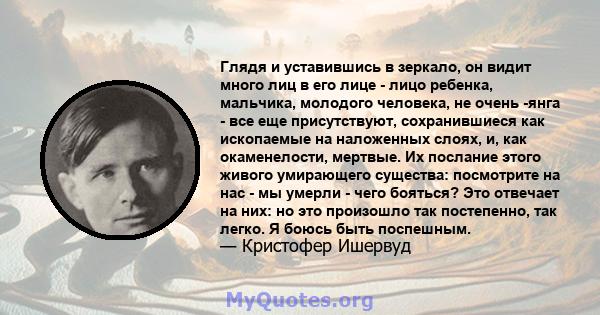 Глядя и уставившись в зеркало, он видит много лиц в его лице - лицо ребенка, мальчика, молодого человека, не очень -янга - все еще присутствуют, сохранившиеся как ископаемые на наложенных слоях, и, как окаменелости,