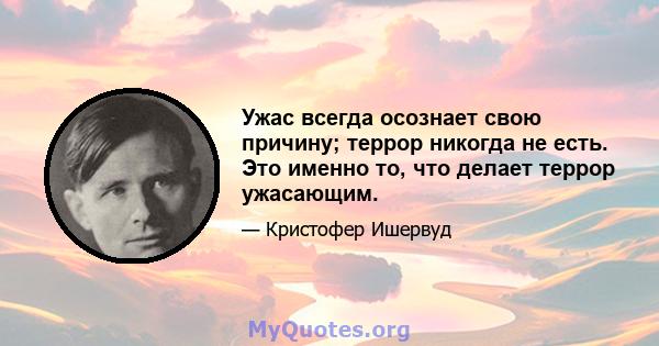 Ужас всегда осознает свою причину; террор никогда не есть. Это именно то, что делает террор ужасающим.