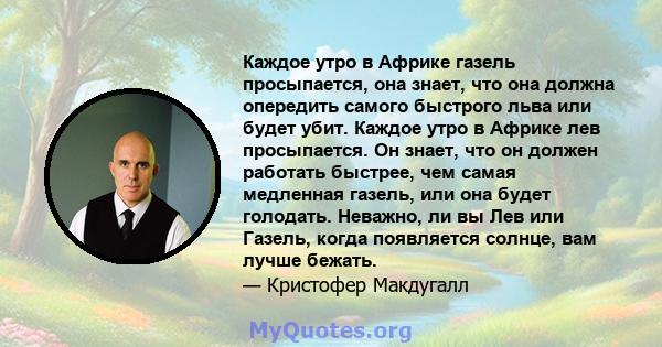 Каждое утро в Африке газель просыпается, она знает, что она должна опередить самого быстрого льва или будет убит. Каждое утро в Африке лев просыпается. Он знает, что он должен работать быстрее, чем самая медленная