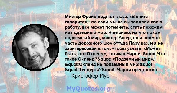 Мистер Фрейд поднял глаза. «В книге говорится, что если мы не выполняем свою работу, все может потемнеть, стать похожим на подземный мир. Я не знаю, на что похож подземный мир, мистер Ашер, но я поймал часть дорожного