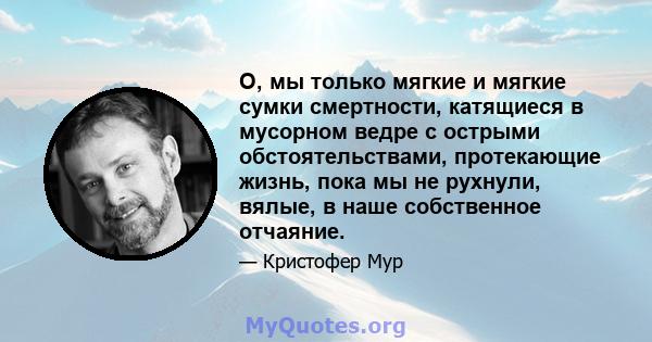 О, мы только мягкие и мягкие сумки смертности, катящиеся в мусорном ведре с острыми обстоятельствами, протекающие жизнь, пока мы не рухнули, вялые, в наше собственное отчаяние.